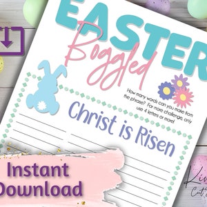Könnte beinhalten: Druckbares Oster-Wortspiel mit einer blauen Hasenillustration und dem Text "Easter Boggle" und "Christ is Risen". Das Spiel fordert die Spieler auf, so viele Wörter wie möglich aus dem Satz "Christ is Risen" zu bilden.