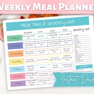 Peut inclure: Un planificateur de repas hebdomadaire imprimable avec un design coloré. Le planificateur comprend des sections pour le petit-déjeuner, le déjeuner, le dîner, la collation et une liste d'épicerie. Les jours de la semaine sont listés dans une colonne à gauche, avec des idées de repas pour chaque jour.