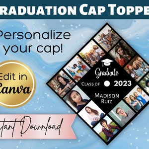 Personalized Graduation Cap Topper Canva Template Digital Download | Custom Grad Cap Topper with Name and Photos | DIY Graduation Cap