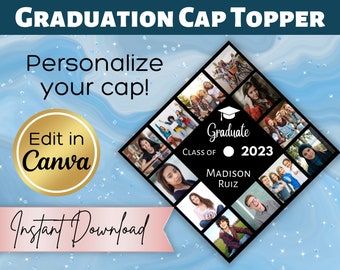 Personalized Graduation Cap Topper Canva Template Digital Download | Custom Grad Cap Topper with Name and Photos | DIY Graduation Cap
