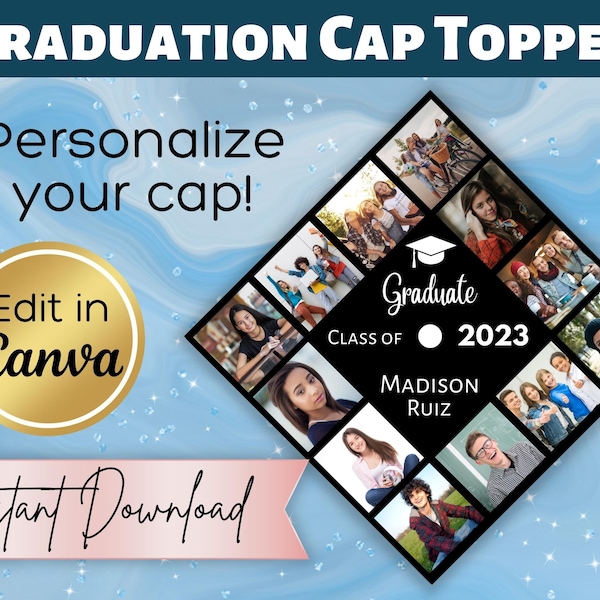 Personalized Graduation Cap Topper Canva Template Digital Download | Custom Grad Cap Topper with Name and Photos | DIY Graduation Cap