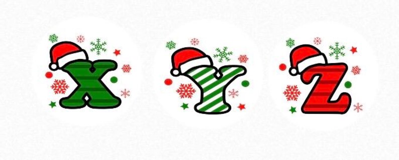 May include: Three Christmas-themed letters, X, Y, and Z, with red and green striped patterns. Each letter is wearing a red Santa hat with a white trim. The letters are surrounded by snowflakes and stars.
