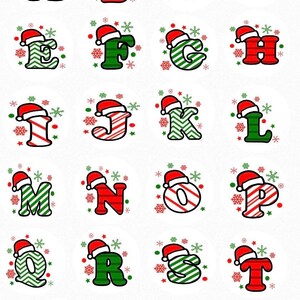 May include: A set of 26 alphabet letters with a Christmas theme. Each letter is decorated with a red Santa hat and a different pattern, including stripes, zigzags, and candy canes. The letters are surrounded by snowflakes and red and green dots.