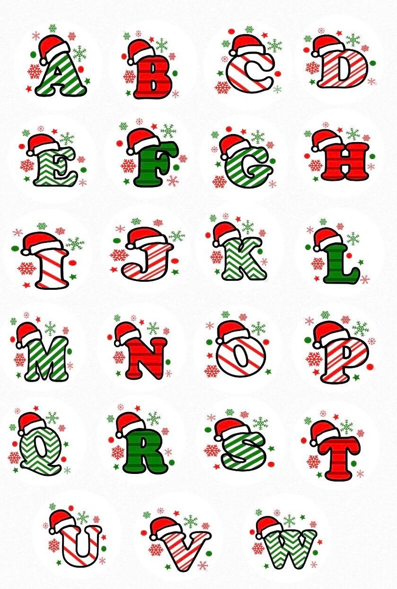 May include: A set of 26 alphabet letters with a Christmas theme. Each letter is decorated with a red Santa hat and a different pattern, including stripes, zigzags, and candy canes. The letters are surrounded by snowflakes and red and green dots.