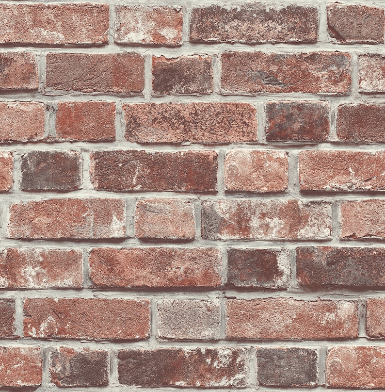 May include: A wall covering featuring a realistic pattern of weathered red and brown bricks. The design displays rectangular bricks with varied textures and tones, separated by light grey mortar lines, creating a classic masonry appearance.