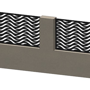 Puede incluir: Una valla de metal negro con un patrón ondulado, unida a una pared de hormigón. La valla está hecha de finas tiras de metal que se tejen juntas para crear un diseño ondulado.