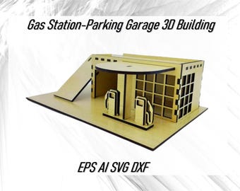 Estación de servicio y estacionamiento 3D Edificio Archivo cortado con láser SVG DXF CDR, Rompecabezas de modelos 3D Estacionamiento de automóviles Estación de servicio Archivo cortado con CNC Descarga instantánea