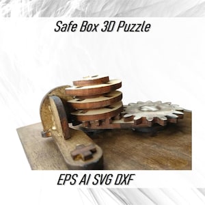 May include: A wooden 3D puzzle in the shape of a safe box. The puzzle features a series of interlocking gears and a rotating mechanism. The puzzle is made of natural wood and has a rustic finish. The image includes the text "Safe Box 3D Puzzle" and "EPS AI SVG DXF".