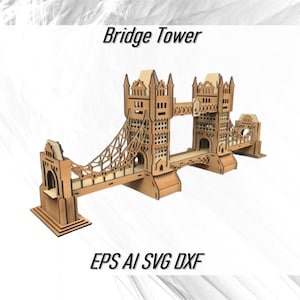 Modello 3D del ponte della torre in legno tagliato al laser SVG glowforge building svg Modello vettoriale file puzzle Dxf Cdr modello cnc, modello 3D di ponte in legno