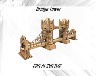Laser cut wooden tower bridge 3d model SVG glowforge building svg Vector template puzzle file Dxf Cdr cnc pattern,modèle 3D de pont en bois