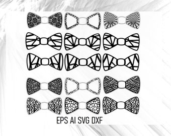 May include: A set of 12 black and white bow tie designs with various patterns. The designs are perfect for laser cutting or other crafting projects.