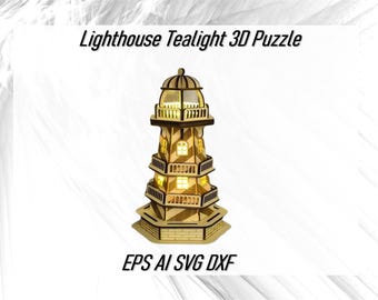 Laser geschnitten Leuchtturm Teelicht 3D Puzzle Vektordateien SVG CDR DXF Eps Ai, Sofortiger Download Leuchtturm 3D Modell Digitale Blueprints für Cnc