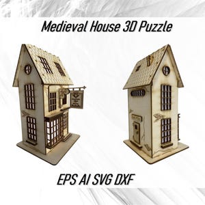 May include: A 3D wooden puzzle of a medieval house with a sign that reads "The Golden Gryphon". The puzzle is made of laser-cut wood and comes with instructions. EPS AI SVG DXF.