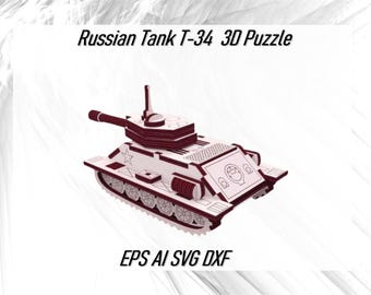 Archivos vectoriales de rompecabezas 3D de tanque ruso T34 cortados con láser Ai Eps Cdr Svg Dxf, descarga instantánea de patrones digitales de modelos 3D de tanque en miniatura T34 para CNC,