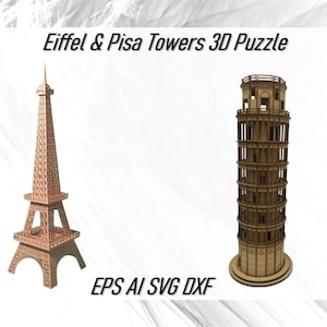Découpé au laser Tour Eiffel-Tour de Pise Puzzle 3D fichiers vectoriels Cdr Dxf Svg, Tour de Pise, monument historique, Tour Eiffel Svg, Torre di Pise Svg