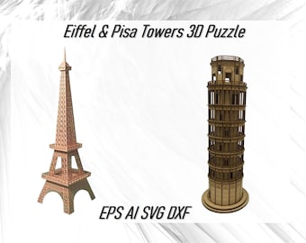 Rompecabezas 3D de la Torre Eiffel y la Torre de Pisa, archivos cortados con láser (SVG, DXF, CDR)