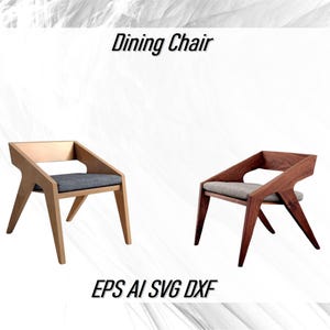 Op de afbeelding: Twee eetkamerstoelen met een modern ontwerp. Eén stoel is gemaakt van licht hout met een grijs kussen, de andere van donker hout met een grijs kussen. De stoelen hebben een uniek hoekig ontwerp en een uitsparing in de rugleuning.