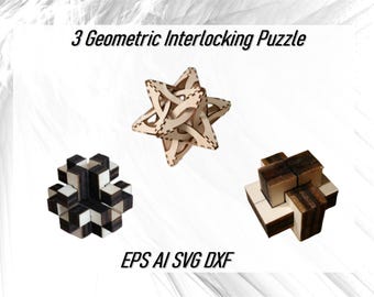 Set of 3 Laser Cut Geometrical 3D Interlocking Puzzle Vector Files CDR DXF SVG,Instant Download Chinese Cross Puzzle Digital Pattern for Cnc