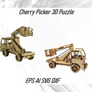 Laser Cur Wooden Cherry Picker 3D Puzzle Vector Arquivos SVG CDR DXF Ai Eps, Modelo 3D de caminhão guindaste Download instantâneo de padrões digitais para CNC