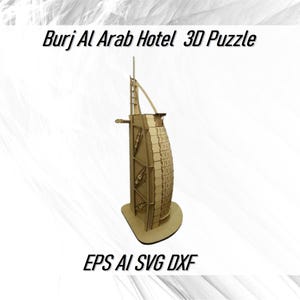May include: A 3D puzzle of the Burj Al Arab Hotel in Dubai. The puzzle is made of wood and is assembled to look like the iconic building. The puzzle is a great way to learn about the architecture of the Burj Al Arab Hotel.