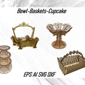 Pode incluir: Quatro suportes para cupcakes de madeira com designs intrincados. Os suportes são feitos de madeira cortada a laser e apresentam uma variedade de formas e padrões. Os suportes são perfeitos para exibir cupcakes, sobremesas ou outras guloseimas.