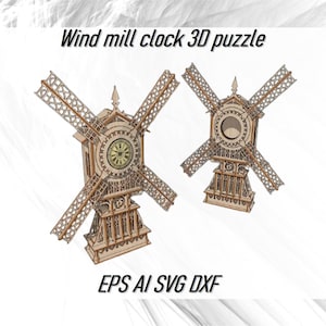 Puede incluir: Un rompecabezas 3D de madera de un reloj de molino de viento. La esfera del reloj es visible y las aspas del molino de viento están en posición horizontal. El rompecabezas está hecho de madera cortada con láser y viene con instrucciones. EPS AI SVG DXF.
