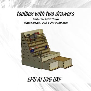 Puede incluir: Una caja de herramientas de madera con dos cajones y varios estantes para guardar herramientas pequeñas. La caja de herramientas está hecha de MDF de 3 mm y mide 20,3 cm x 21,3 cm x 25 cm. El texto "toolbox with two drawers", "Material MDF 3mm", "dimensions: 203 x 213 x250 mm" y "EPS AI SVG DXF" está impreso en la imagen.