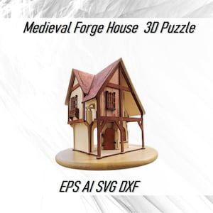 Archivo de corte láser de casa de forja medieval, modelo 3D SVG CDR DXF, plantillas para Cnc, rompecabezas 3D de casa pequeña del Viejo Mundo, descarga instantánea Maison Médievale