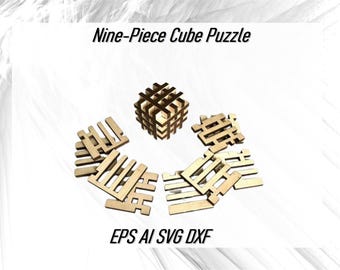Laser Cut Nine-Piece Cube Puzzle Vector Files Cdr Dxf Svg,Instant Download Wood Brain Teaser Puzzle Digital Patterns for CNC,Puzzle IQ Bois