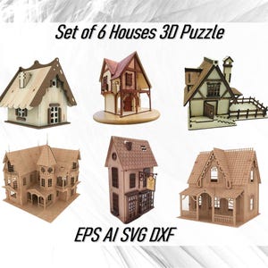 Raccolta di 6 file vettoriali di puzzle 3D di piccole case tagliate al laser CDR SVG DXF AI EPS, case delle fiabe download immediato, pacchetto di case medievali