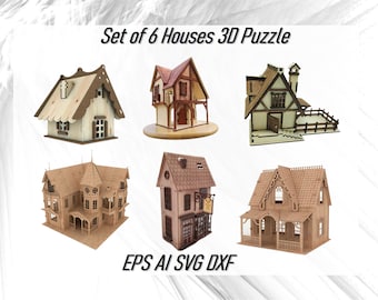 Collection of 6 Laser Cut Tiny houses 3D Puzzle Vector files Cdr Svg Dxf Ai Eps,Fairy Tale Houses Instant download,Medieval houses Bundle