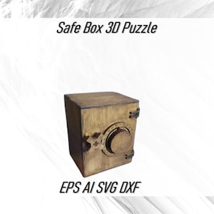 May include: A wooden 3D puzzle in the shape of a safe box with a combination lock. The safe box is brown and has a metal dial. The puzzle is labeled "Safe Box 3D Puzzle" and "EPS AI SVG DXF".