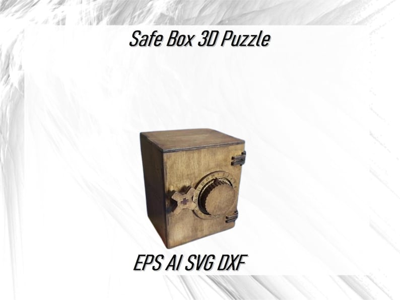 May include: A wooden 3D puzzle in the shape of a safe box with a combination lock. The safe box is brown and has a metal dial. The puzzle is labeled "Safe Box 3D Puzzle" and "EPS AI SVG DXF".