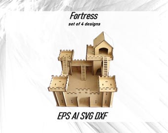 May include: A laser cut wooden model of a fortress with four towers and a central keep. The model is designed to be assembled and is labeled with the text "Fortress set of 4 designs EPS AI SVG DXF".