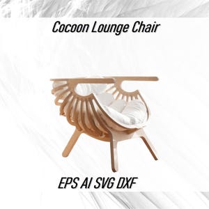 Könnte beinhalten: Ein hölzerner Kokon-Loungesessel mit einem weißen Kissen. Der Sessel ist aus Sperrholz gefertigt und hat eine einzigartige, organische Form. EPS AI SVG DXF.