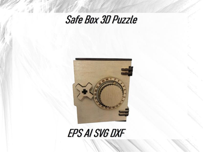 May include: A wooden 3D puzzle of a safe box with a combination lock. The safe box is made of wood and has a brown finish. The combination lock has a dial with numbers on it. The puzzle is labeled "Safe Box 3D Puzzle" and "EPS AI SVG DXF".
