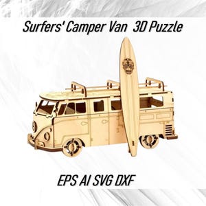 Klassieke surfers hippie busje met surfplank 3D-model, camper lasergesneden bestand CDR SVG DXF bus retro busje lasergesneden bestanden CNC router plannen