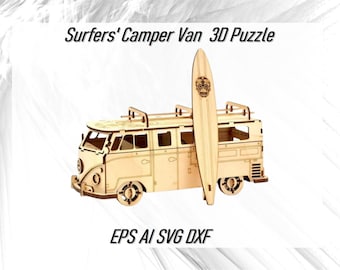 Classic Surfers Hippie Van with Surfboard 3d model, Campervan Laser Cut File CDR SVG DXF Bus Retro Van Laser Cut Files Cnc Router Plans