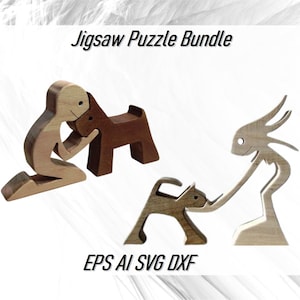 Puede incluir: Paquete de rompecabezas de madera con tres diseños únicos: una persona con un perro, una persona con una criatura parecida a un pez y un perro. También se ve el texto "Jigsaw Puzzle Bundle" y "EPS AI SVG DXF". Los rompecabezas son de madera clara y oscura.