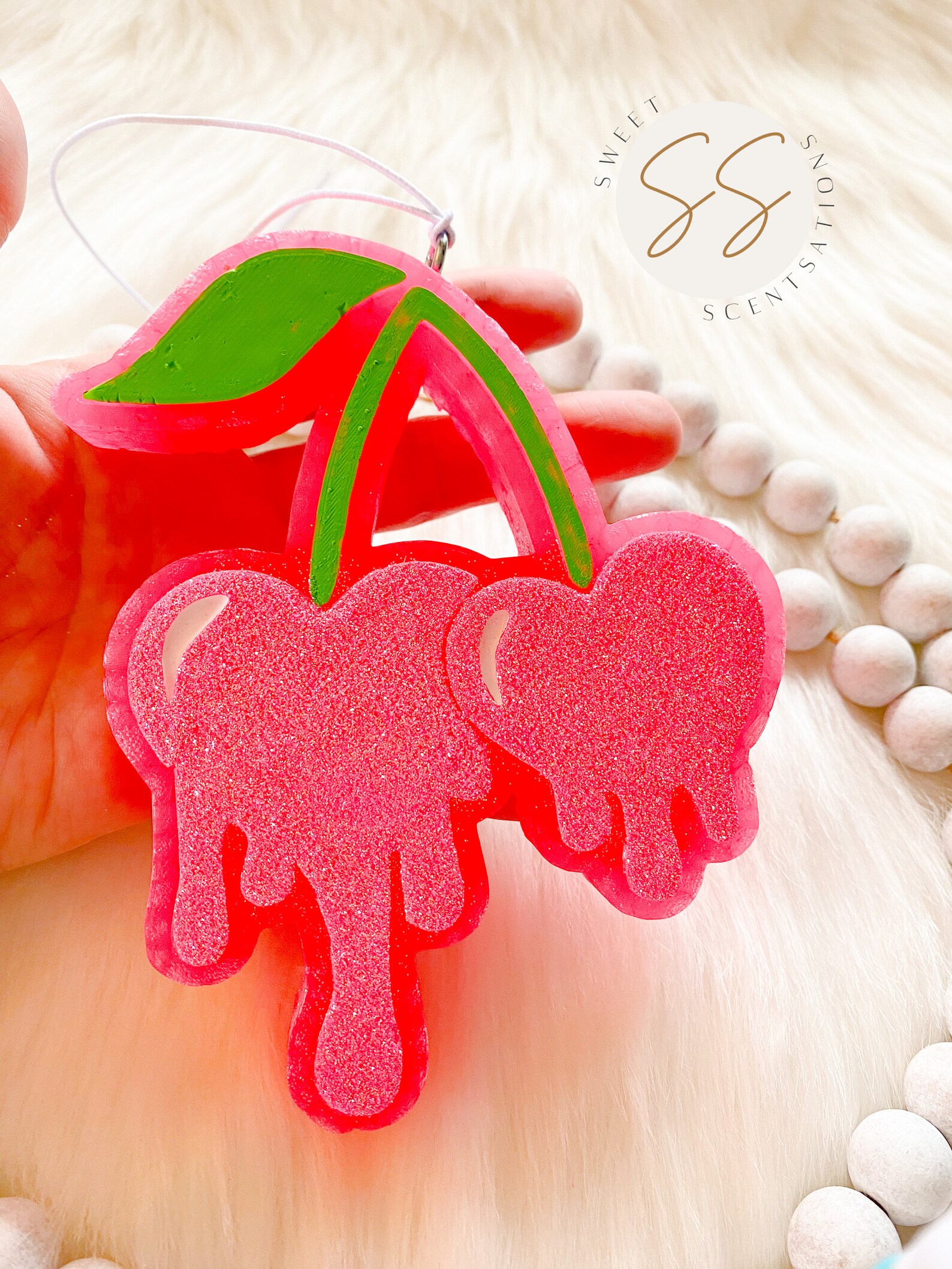 Cherry Car Freshie, Pink Car Freshie, Cute Gift, Glitter Cherry Car Air