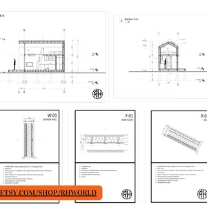 Pode incluir: Desenhos arquitet&ocirc;nicos em preto e branco de uma pequena casa com se&ccedil;&otilde;es transversais detalhadas da parede exterior, do piso principal e do telhado. Os desenhos incluem medidas e notas para a constru&ccedil;&atilde;o. O texto "ETSY.COM/SHOP/RHWORLD" est&aacute; inclu&iacute;do na imagem.