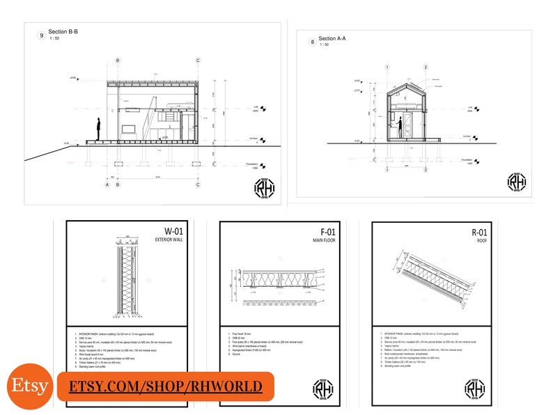 Pode incluir: Desenhos arquitet&ocirc;nicos em preto e branco de uma pequena casa com se&ccedil;&otilde;es transversais detalhadas da parede exterior, do piso principal e do telhado. Os desenhos incluem medidas e notas para a constru&ccedil;&atilde;o. O texto "ETSY.COM/SHOP/RHWORLD" est&aacute; inclu&iacute;do na imagem.