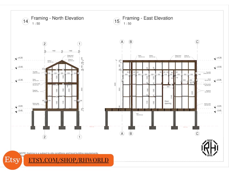 Pode incluir: Um desenho arquitet&ocirc;nico em preto e branco de um plano de estrutura de uma casa. O desenho mostra as eleva&ccedil;&otilde;es norte e leste da casa. O desenho &eacute; etiquetado com dimens&otilde;es em polegadas.