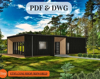 Planta de casa moderna com 4 quartos | 125 m² / 1345 pés quadrados | Sistema imperial + métrico | Arquivos DWG incluídos