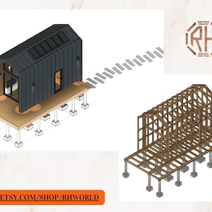 Pode incluir: Uma ilustra&ccedil;&atilde;o 3D de uma pequena cabana moderna preta com um deck de madeira e um conjunto de escadas que levam a ela. A cabana est&aacute; sobre palafitas e tem uma grande janela no lado. A ilustra&ccedil;&atilde;o tamb&eacute;m mostra a estrutura de madeira da cabana.