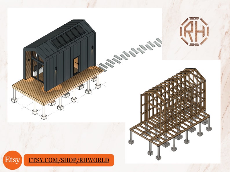 Pode incluir: Uma ilustra&ccedil;&atilde;o 3D de uma pequena cabana moderna preta com um deck de madeira e um conjunto de escadas que levam a ela. A cabana est&aacute; sobre palafitas e tem uma grande janela no lado. A ilustra&ccedil;&atilde;o tamb&eacute;m mostra a estrutura de madeira da cabana.