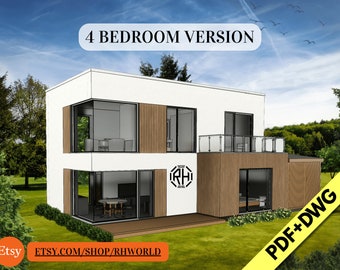 Könnte beinhalten: Ein 4-Zimmer-Grundriss eines modernen Hauses mit weißer Fassade, Holzverkleidung und großen Fenstern. Das Haus verfügt über einen Balkon im zweiten Stock und eine Terrasse im Erdgeschoss. Der Text "PDF+DWG" befindet sich in der unteren rechten Ecke des Bildes.