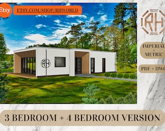 Könnte beinhalten: Ein weißes modernes Haus mit Flachdach und großen Fenstern. Das Haus hat eine Holztür und eine kleine Veranda. Das Haus ist von grünem Rasen und Bäumen umgeben. Das Bild enthält den Text "ETSY.COM/SHOP/RHWORLD", "IMPERIAL + METRIC", "PDF + DWG", und "3 BEDROOM + 4 BEDROOM VERSION".
