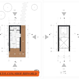 Pode incluir: Planta baixa de uma pequena cabana com um s&oacute;t&atilde;o. O plano mostra uma sala de estar, um quarto, um banheiro e um deck. O s&oacute;t&atilde;o &eacute; acess&iacute;vel por uma escada. O plano est&aacute; desenhado em escala 1:50.