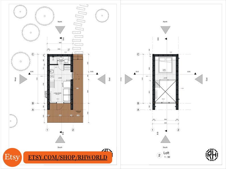 Pode incluir: Planta baixa de uma pequena cabana com um s&oacute;t&atilde;o. O plano mostra uma sala de estar, um quarto, um banheiro e um deck. O s&oacute;t&atilde;o &eacute; acess&iacute;vel por uma escada. O plano est&aacute; desenhado em escala 1:50.